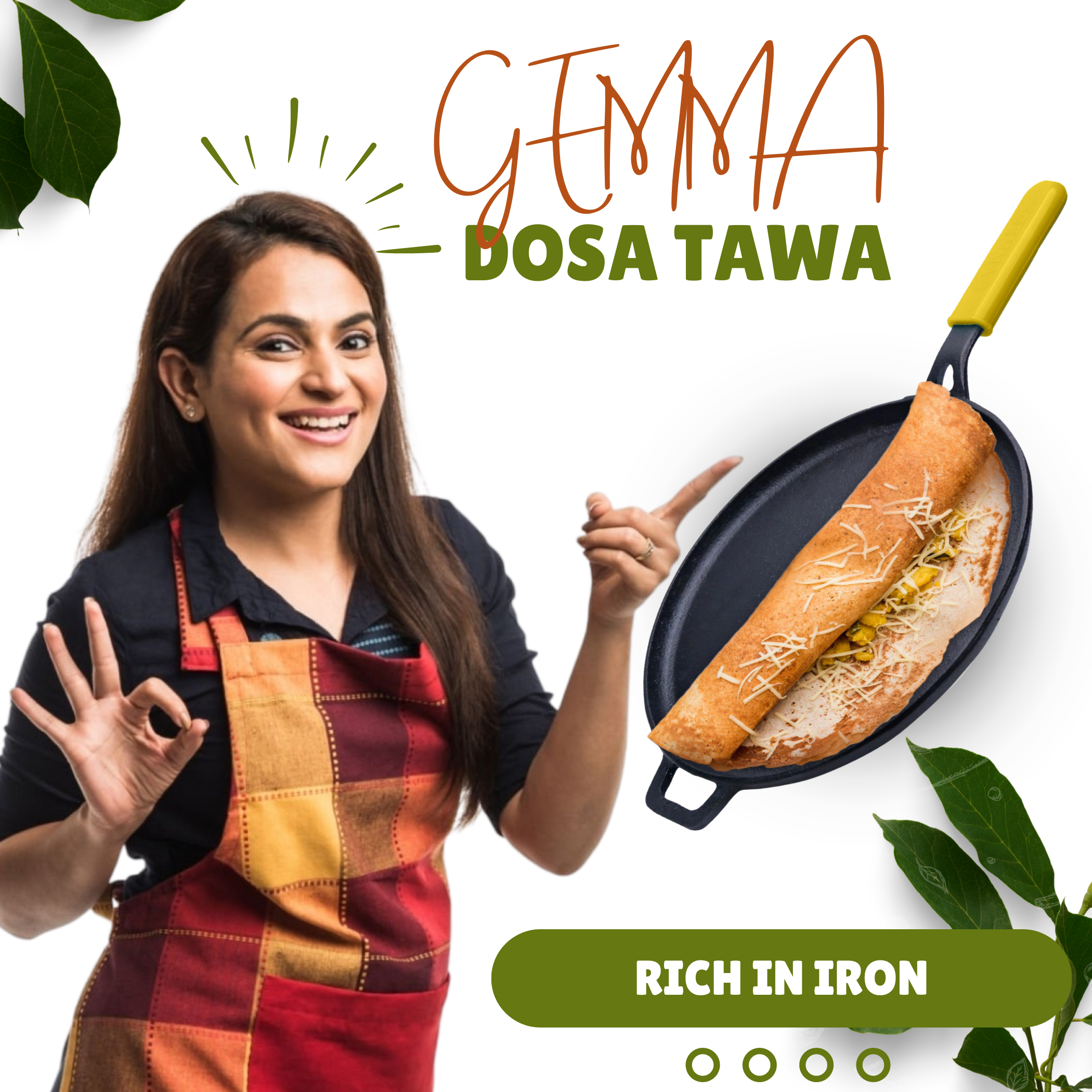 Pre-Seasoned Natural Nonstick Raw Cast Iron Dosa Tawa with Silicone Grip Yellow