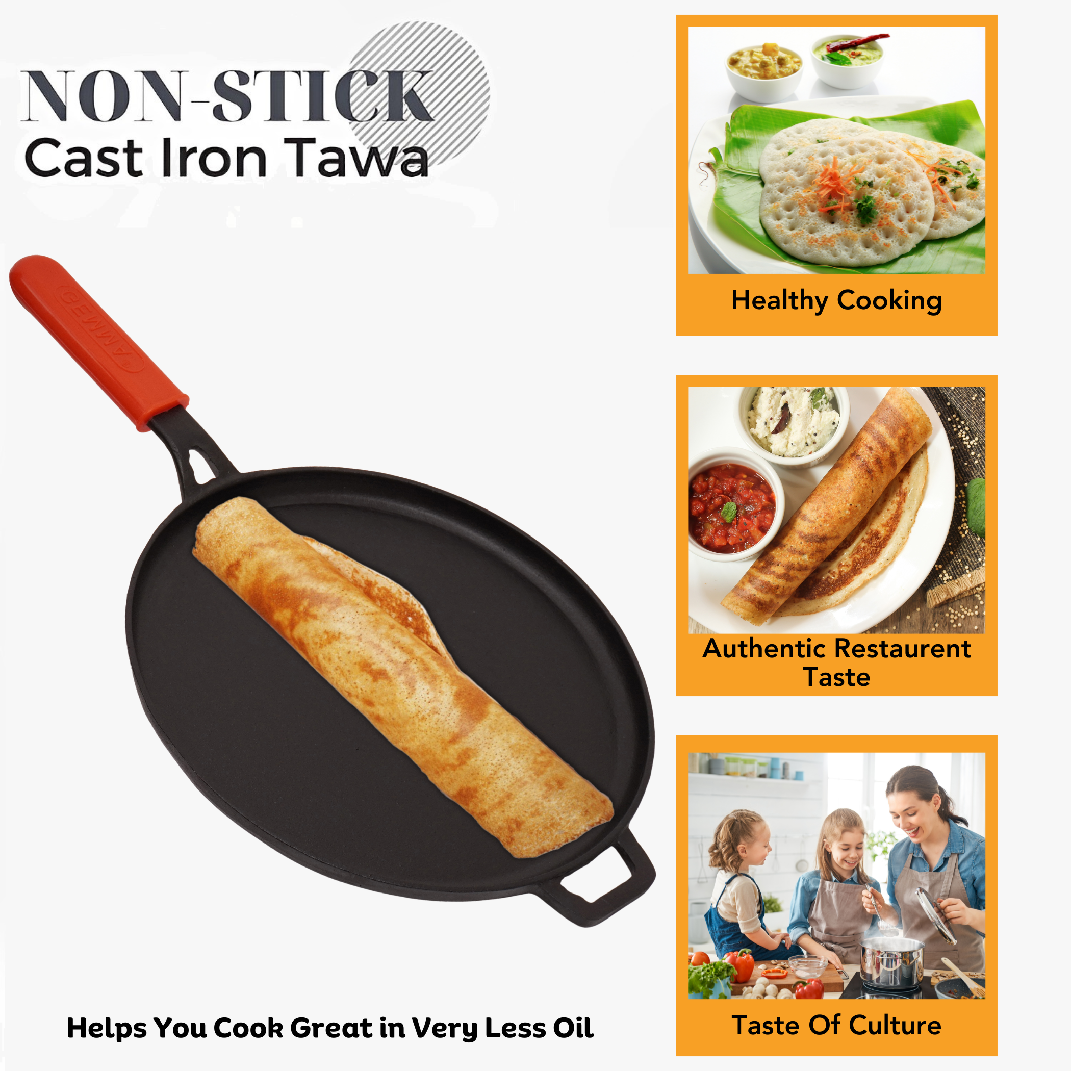 Cast Iron Pre-Seasoned Dosa Tawa & Roti Tawa with Handle Pack of 2 Combo Red