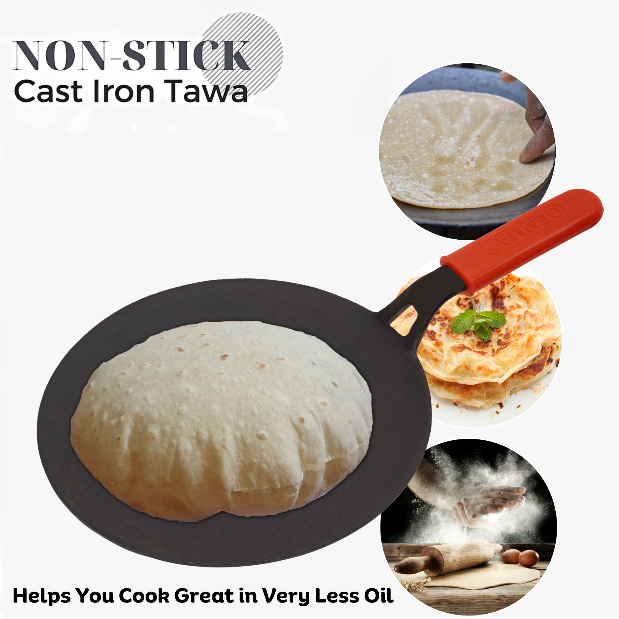 Iron Tawa Flat Tava Crepe Pancake Dosa Pan Chapati Roti Wooden Handle Heavy  Duty