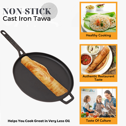Cast Iron Pre-Seasoned Dosa Tawa & Roti Tawa with Handle Pack of 2 Combo Black