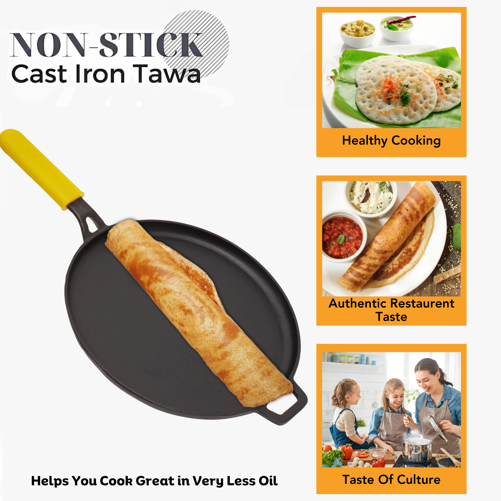 Cast Iron Pre-Seasoned Dosa Tawa & Roti Tawa with Handle Pack of 2 Combo