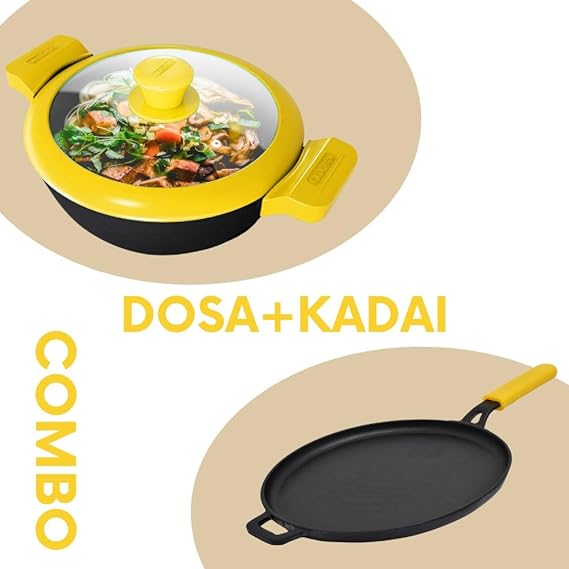GEMMA Cookware Combo of 2, Cast Iron Kadhai 3L with Glass Lid and Roti Tawa