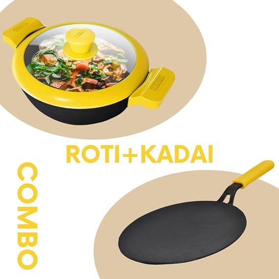 GEMMA Cookware Combo of 2,  Cast Iron Kadhai with Glass Lid and Roti Tawa