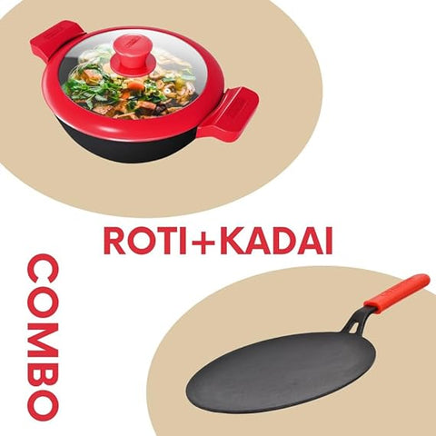 GEMMA Cookware Combo of 2,Cast Iron Kadhai  with Glass Lid and Roti Tawa Red