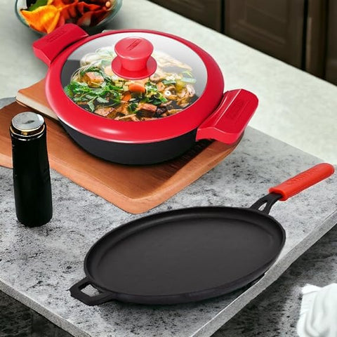 GEMMA Cookware Combo of 2,  Cast Iron Kadhai with Glass Lid and Dosa Tawa