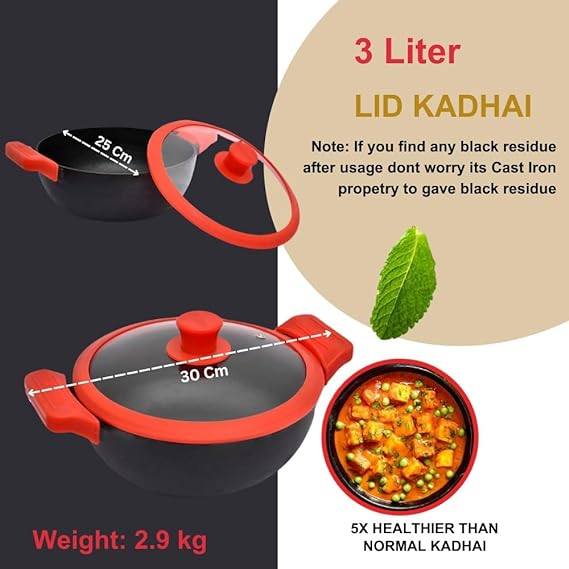 GEMMA Cookware Combo of 2,  Cast Iron Kadhai with Glass Lid and Dosa Tawa