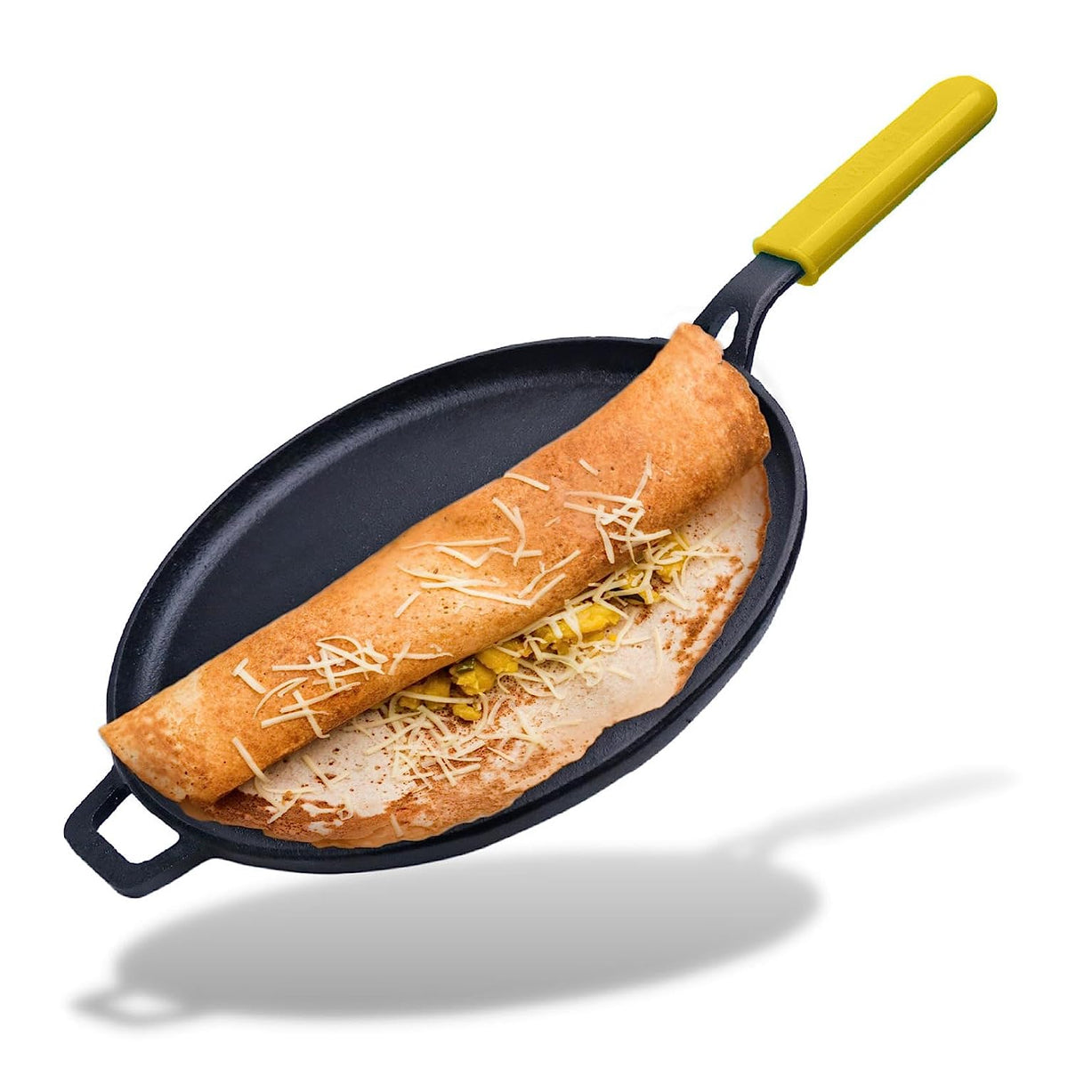 Pre-Seasoned Natural Nonstick Raw Cast Iron Dosa Tawa with Silicone Grip Yellow