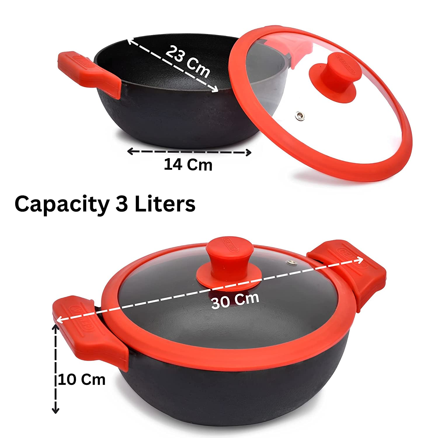 Cast Iron Kadai with Glass Lid  For Deep Frying cast Iron cookware Red