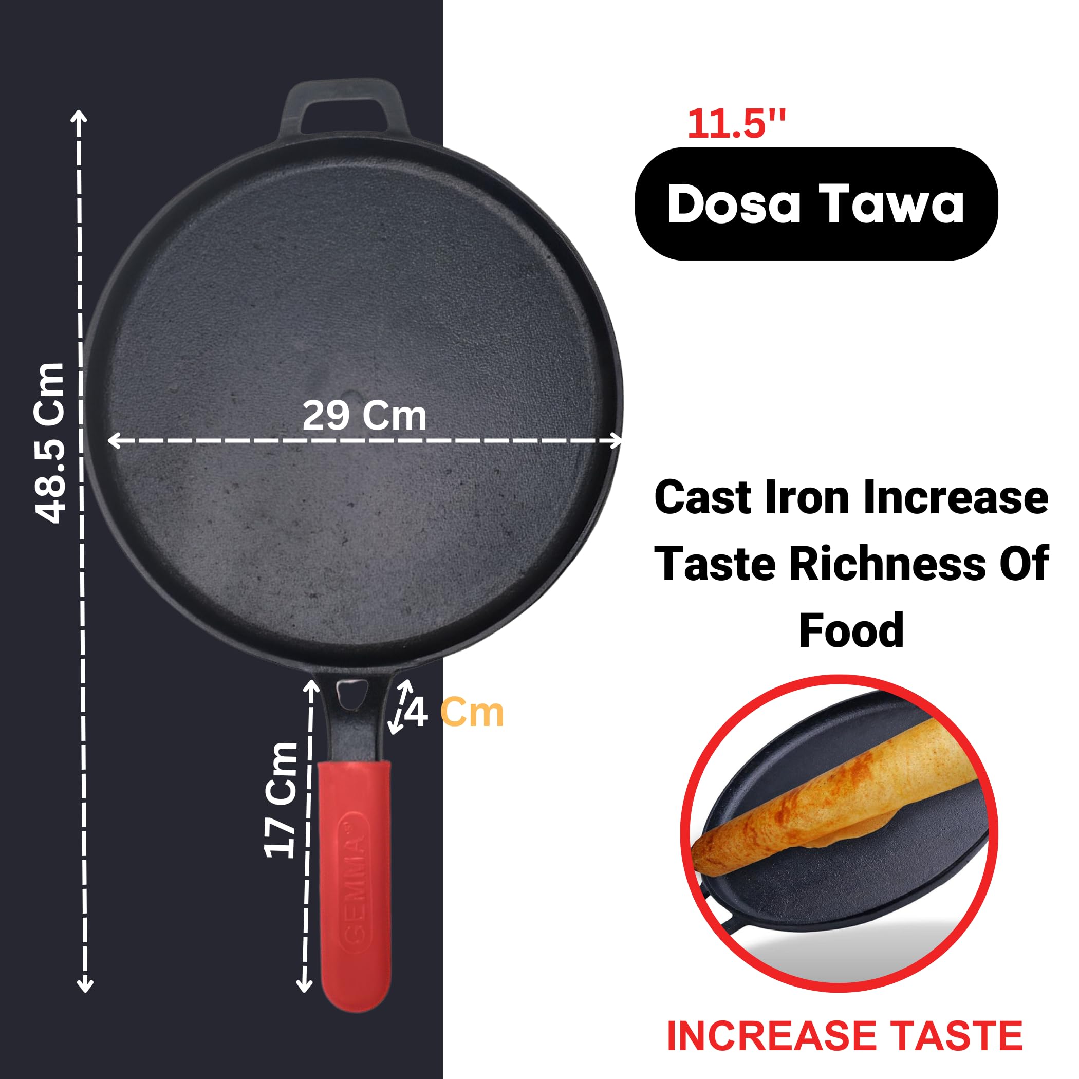 Pre-Seasoned Natural Nonstick Raw Cast Iron Dosa Tawa with Silicone Grip Red
