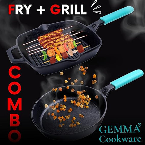 GEMMA Combo of 2, Pre-Seasoned Natural Nonstick Cast Iron Grill Pan and Frying Pan with Silicone Handle